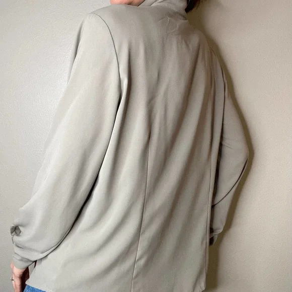 Vintage dove grey pussy bow tie neck blouse secretary 90s taupe long sleeve L - Picture 3 of 17